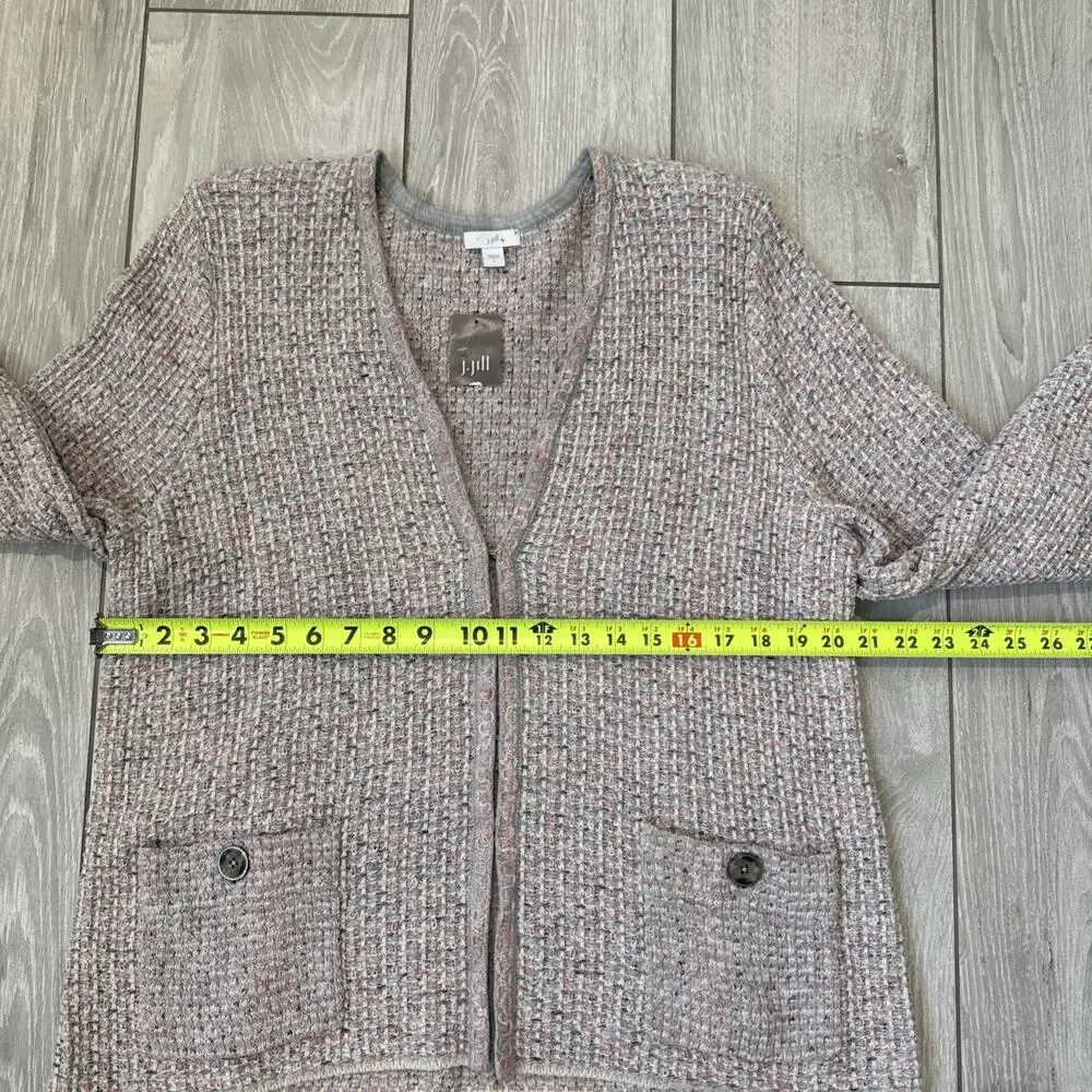 J Jill Sweater Cardigan Pink Gray Girly Spring Knit Pockets Size Large New